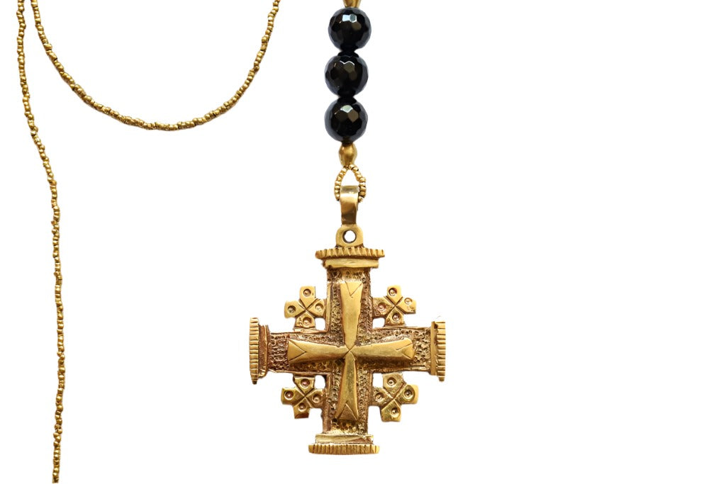 Brass-Wrapped Cross with Onyx Stone