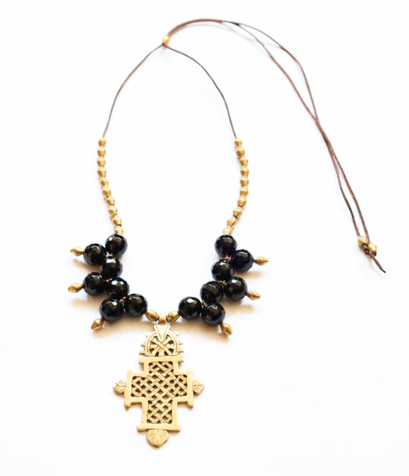 Timeless Onyx Elegance with Ethiopian Brass Cross