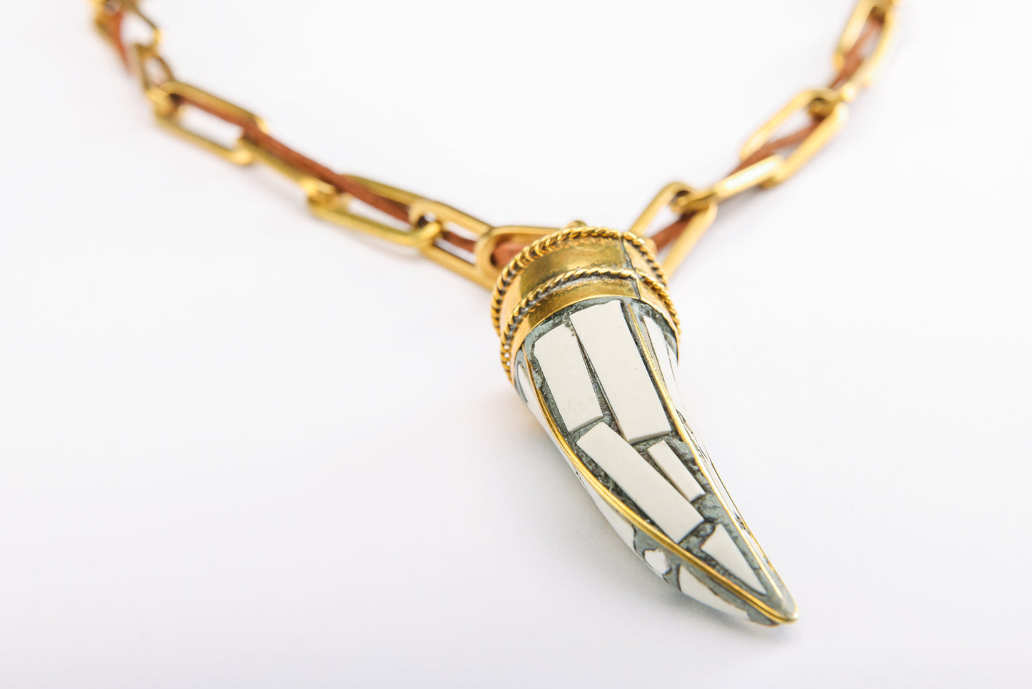 Mosaic Stone Horn on Brass Chain and Leather