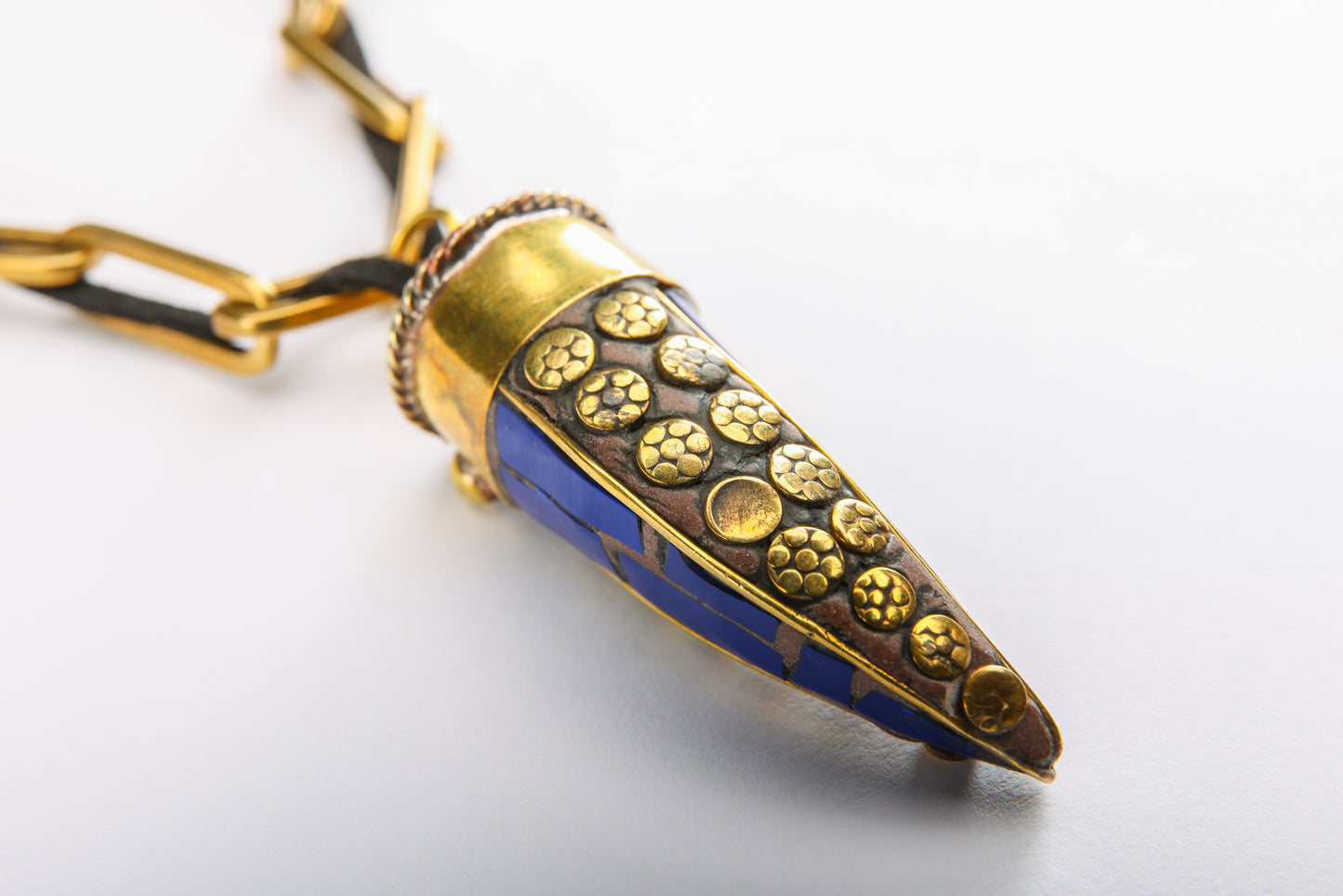 Lapis Horn pendant on Brass chain & Leather