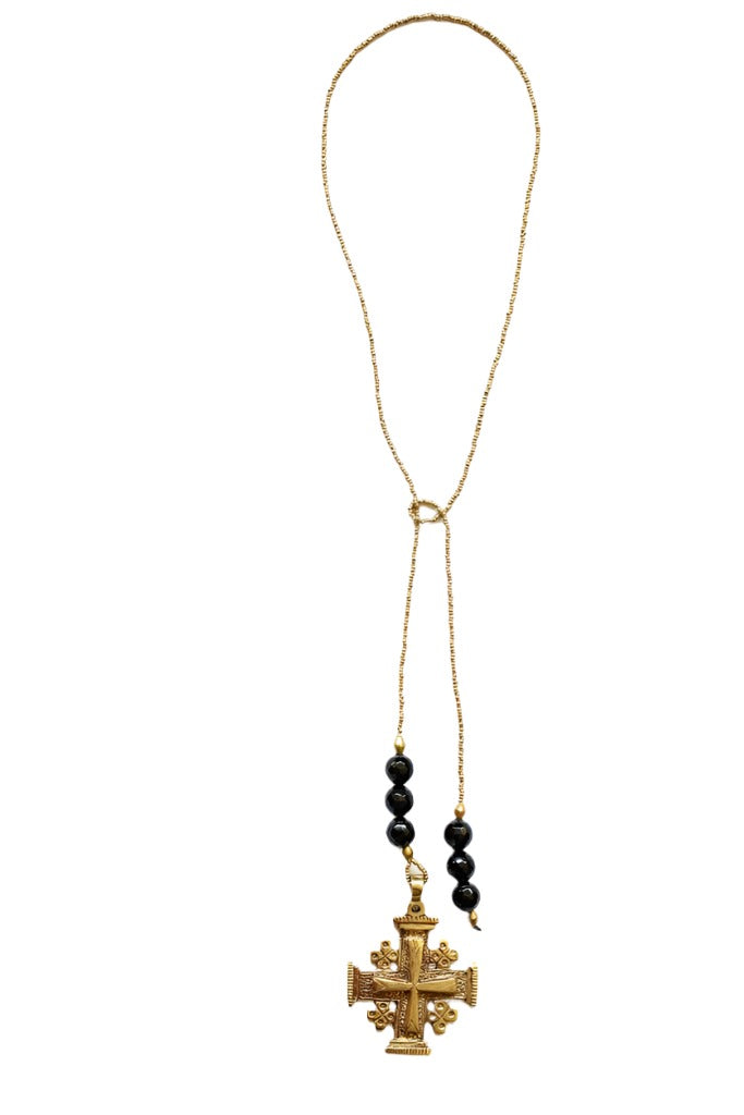 Brass-Wrapped Cross with Onyx Stone