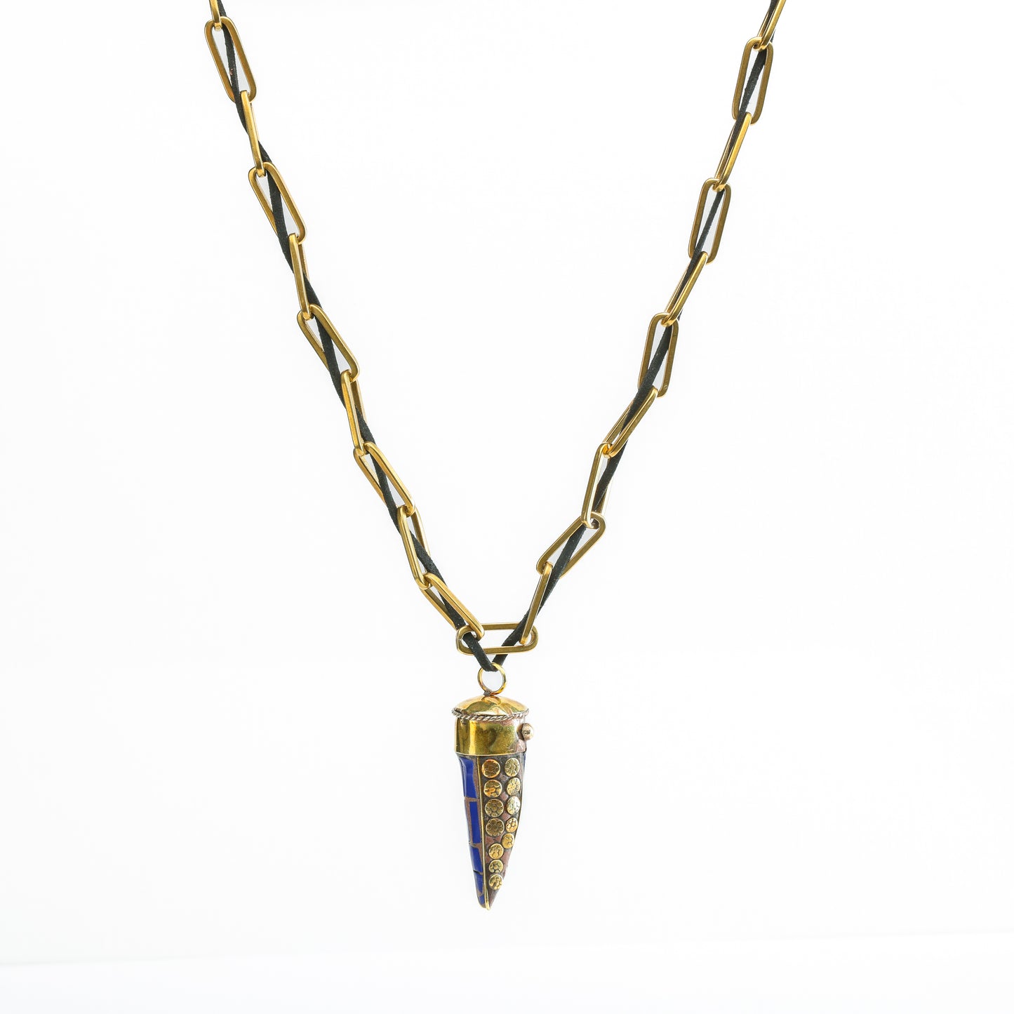 Lapis Horn pendant on Brass chain & Leather