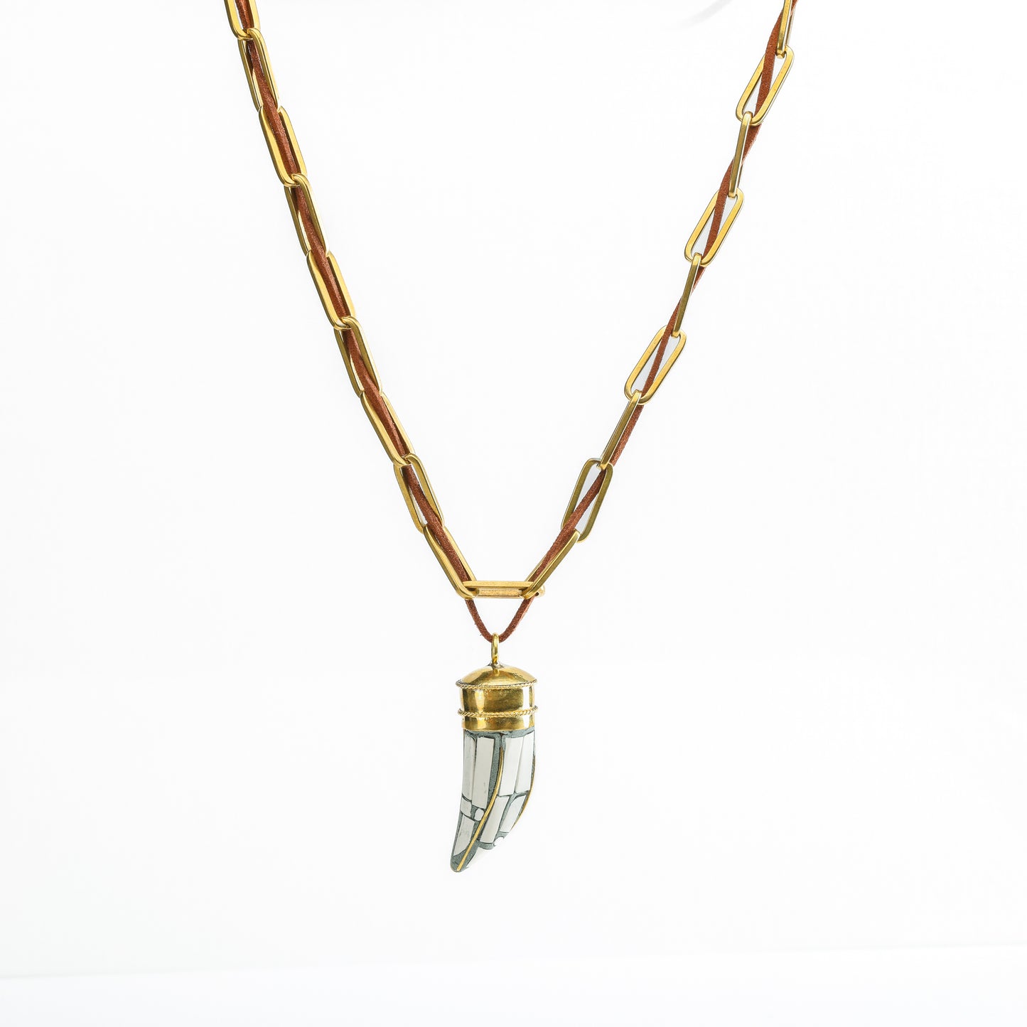 Mosaic Stone Horn on Brass Chain and Leather