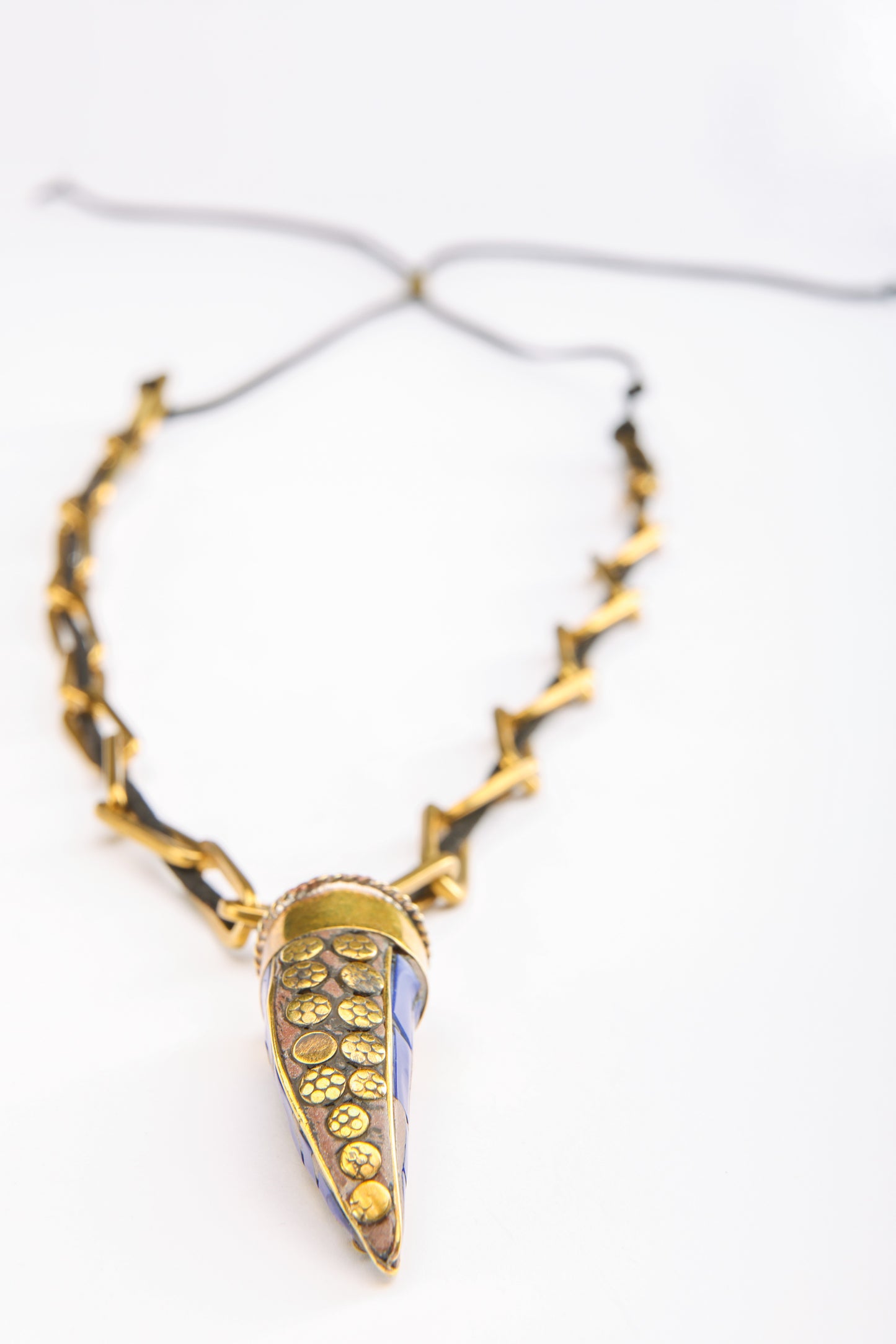 Lapis Horn pendant on Brass chain & Leather