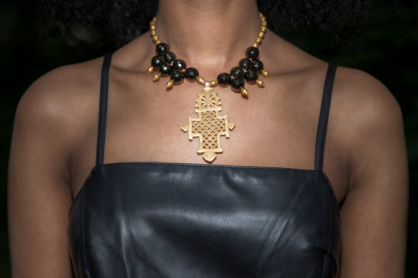Timeless Onyx Elegance with Ethiopian Brass Cross