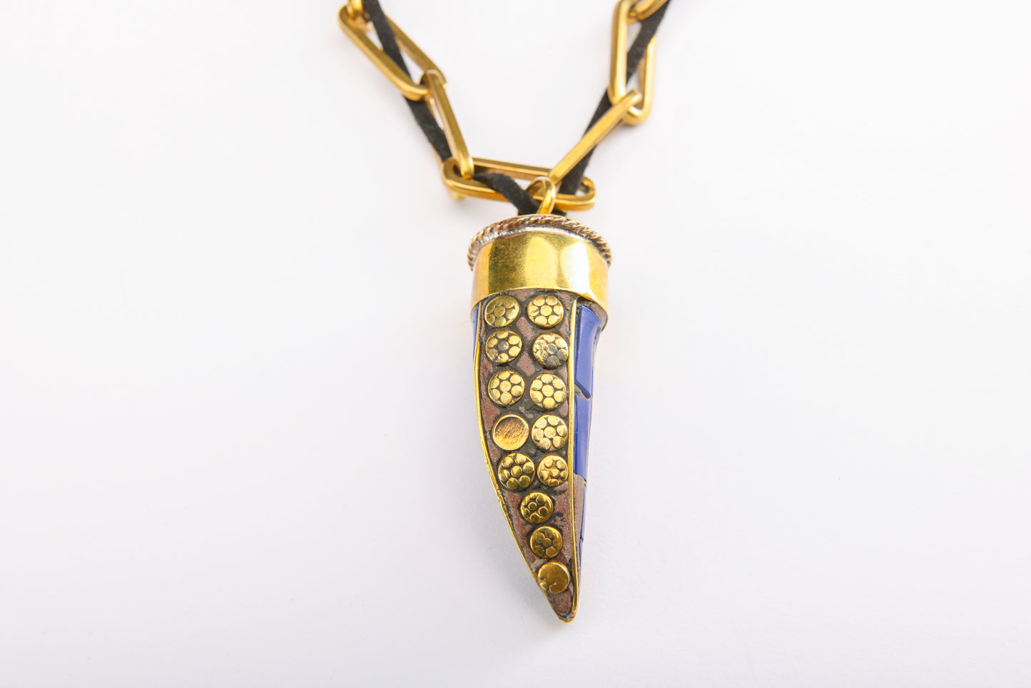 Lapis Horn pendant on Brass chain & Leather