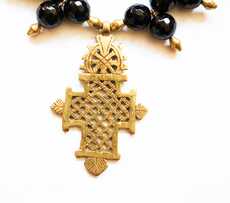 Timeless Onyx Elegance with Ethiopian Brass Cross