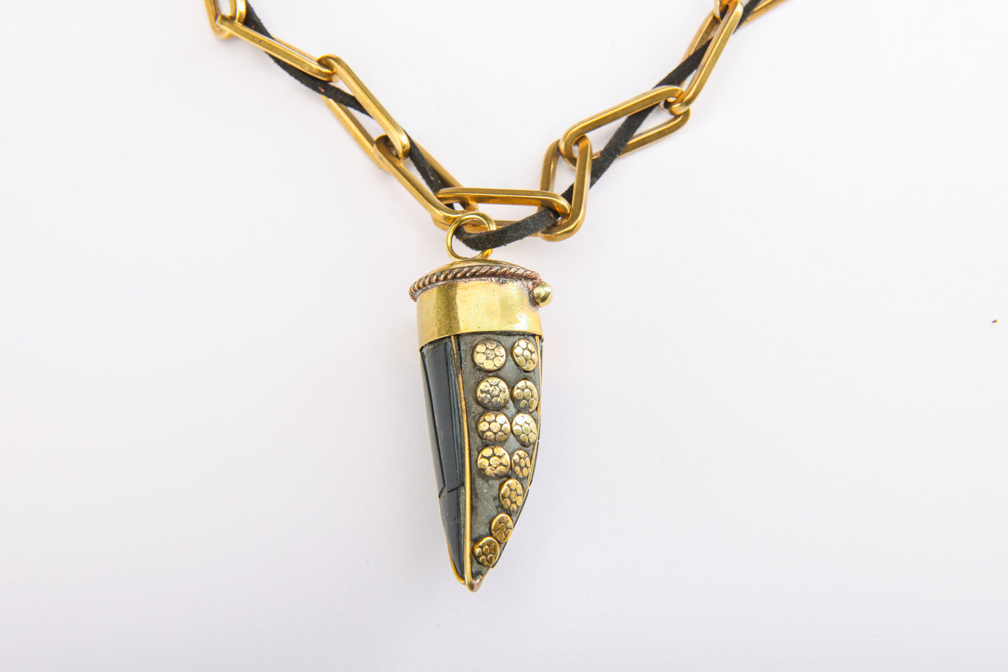 Black Horn pendent on Brass Chain & Leather
