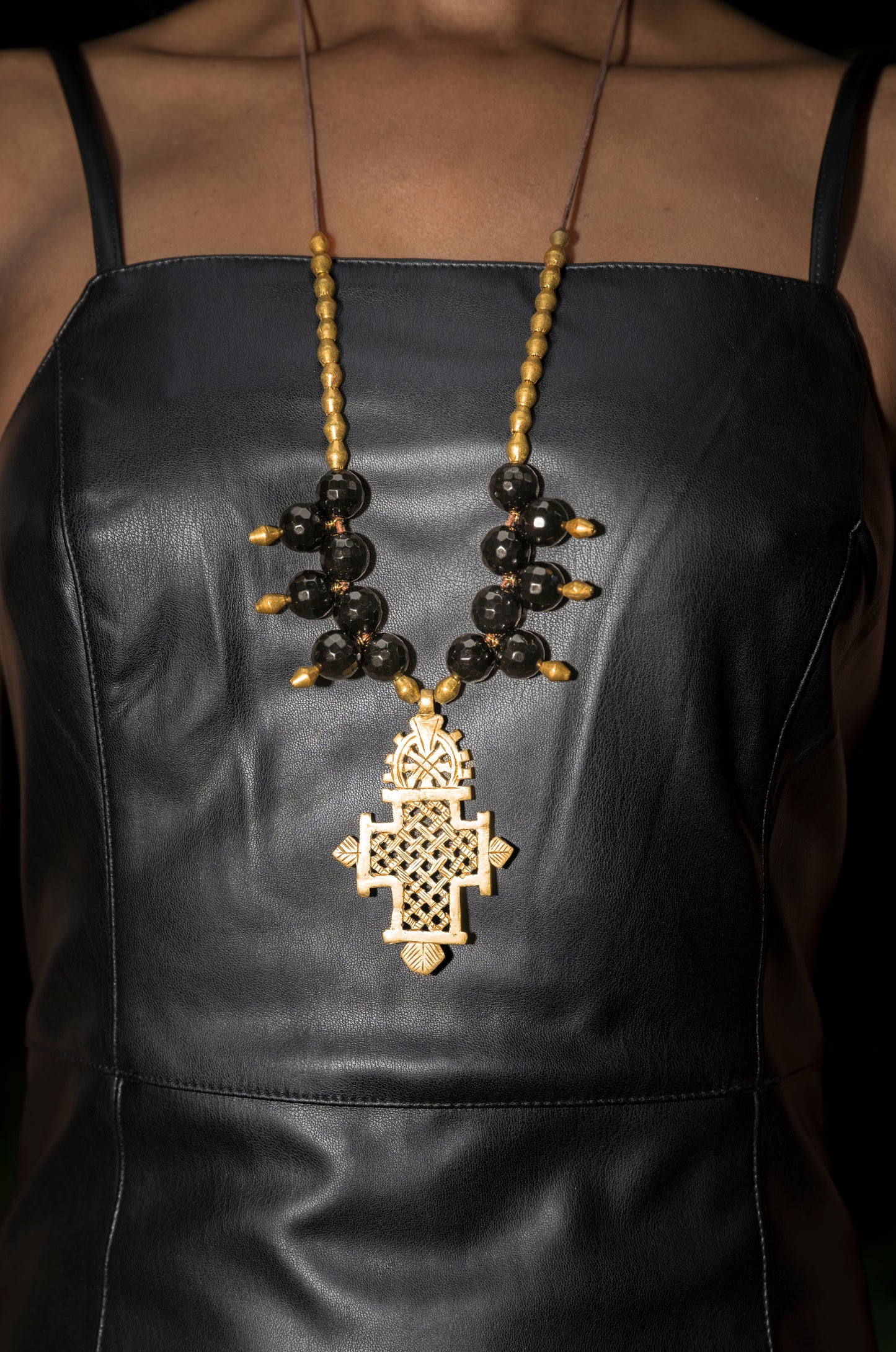 Timeless Onyx Elegance with Ethiopian Brass Cross