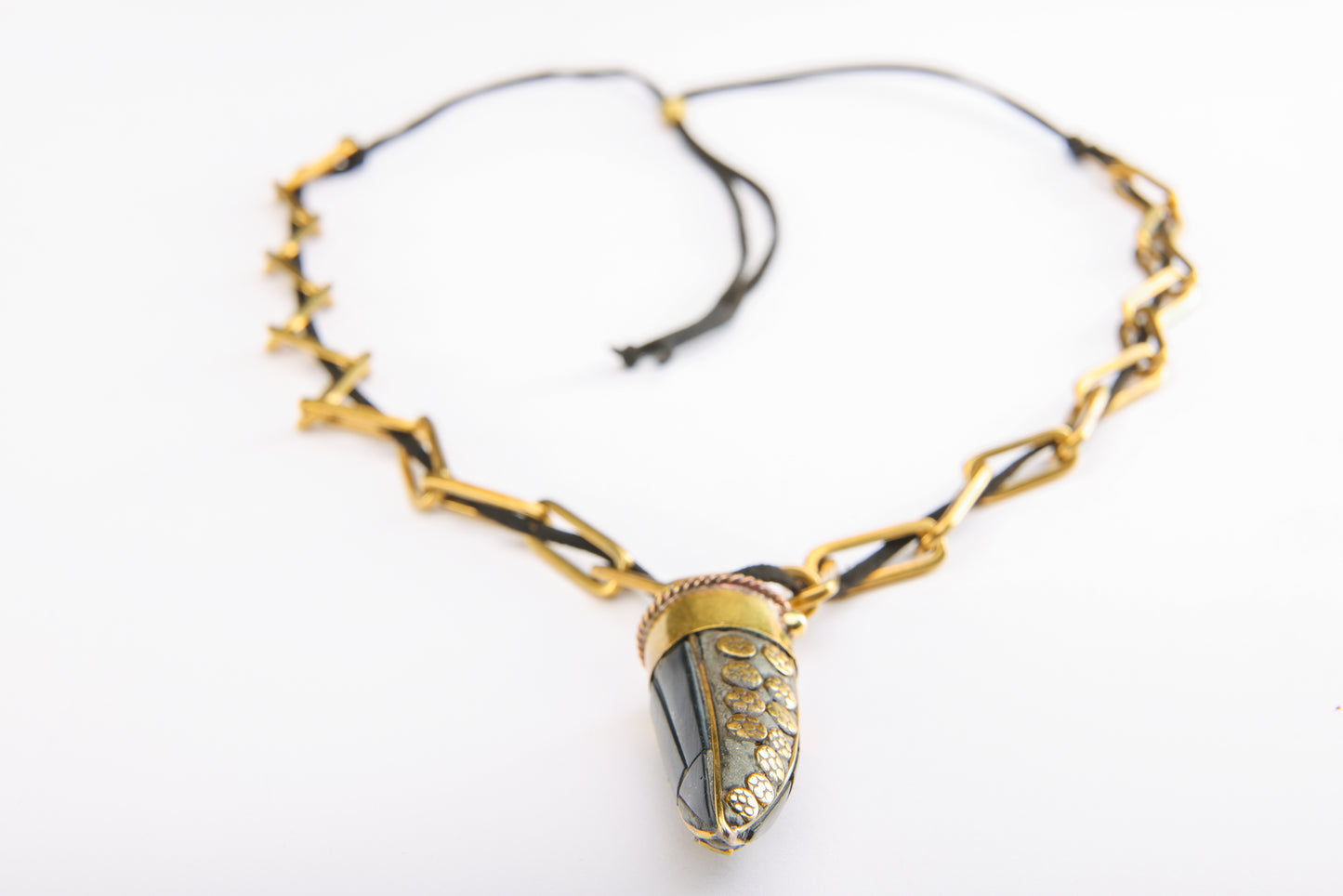 Black Horn pendent on Brass Chain & Leather