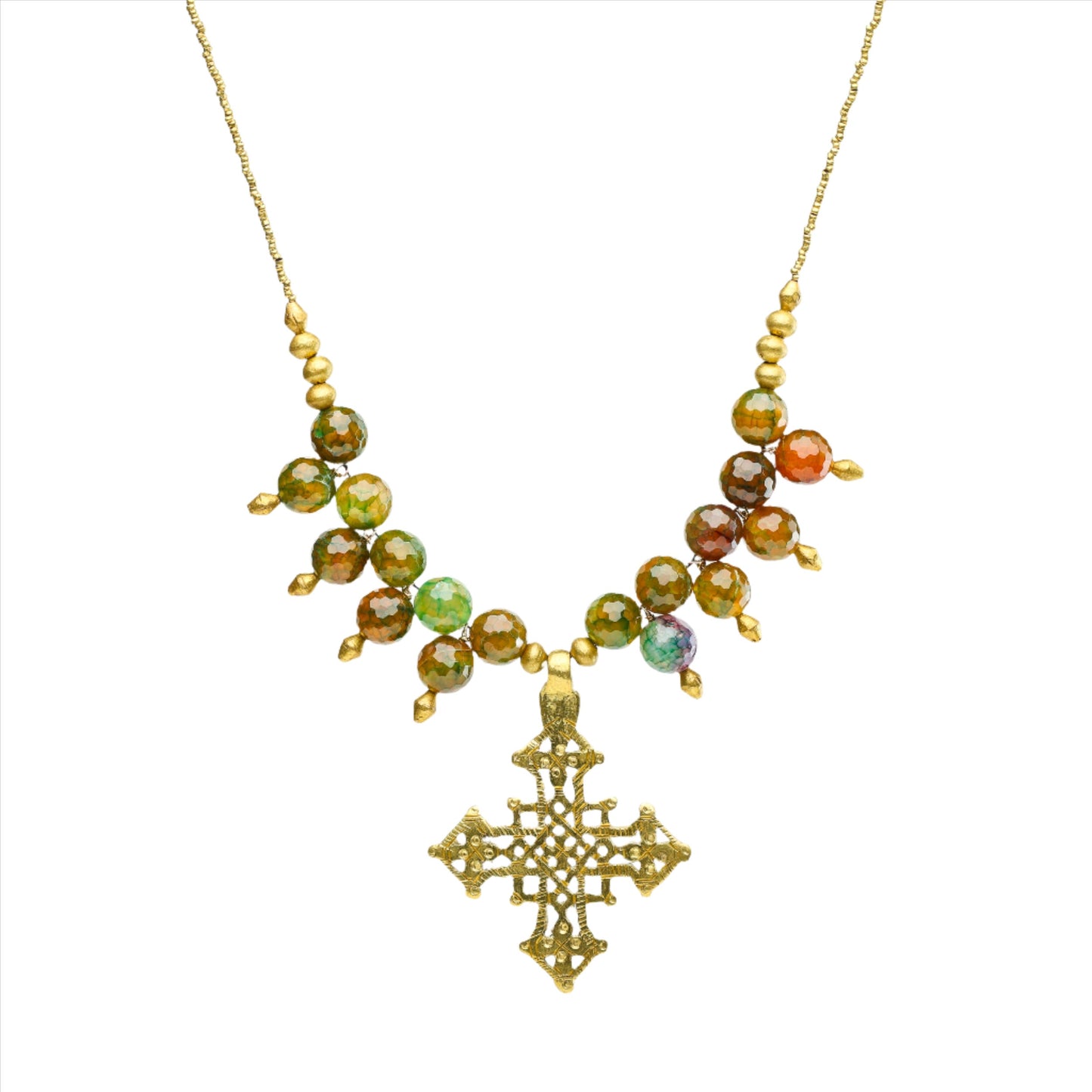 Agate Necklace with Yellow, Green, and Brown Tones Ethiopian cross