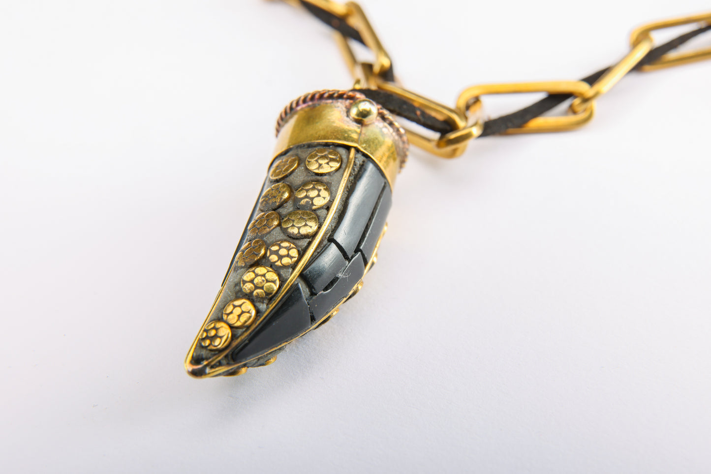 Black Horn pendent on Brass Chain & Leather