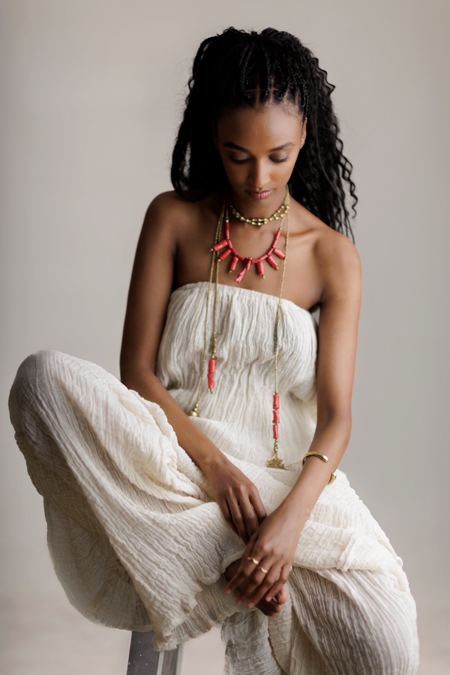 Red Coral Bambus with Ethiopian Brass beads