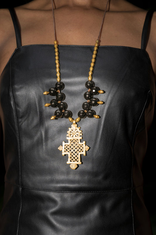 Timeless Onyx Elegance with Ethiopian Brass Cross